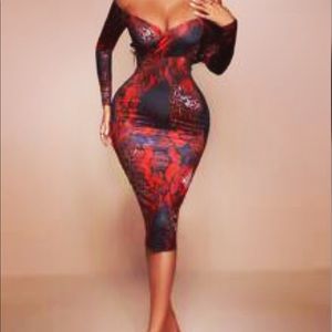 Sexy printed red dress off the shoulder fitted midi dress long sleeve